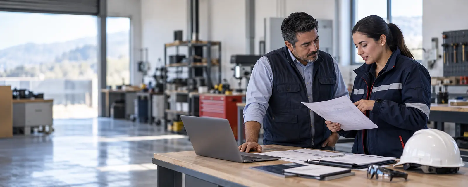 Especialistas revisando antecedentes preventivos de una pequeña empresa