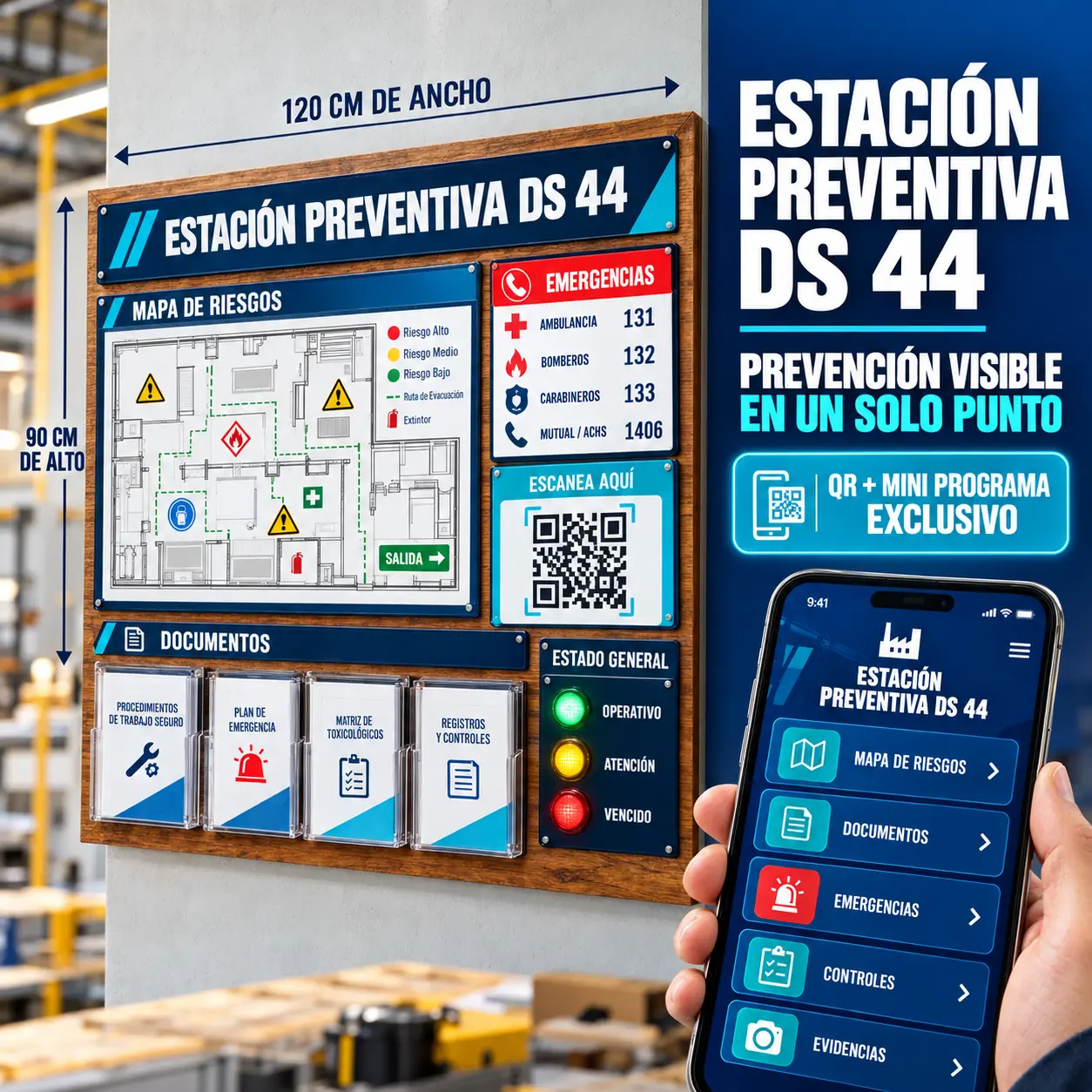 Estación Preventiva DS 44 con mapa de riesgos, documentos y acceso QR
