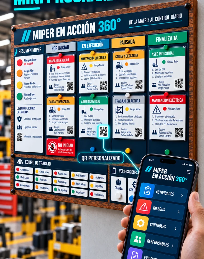 Ejemplo visual del tablero MIPER en acción 360° con tarjetas de actividades, riesgos y controles, y acceso QR