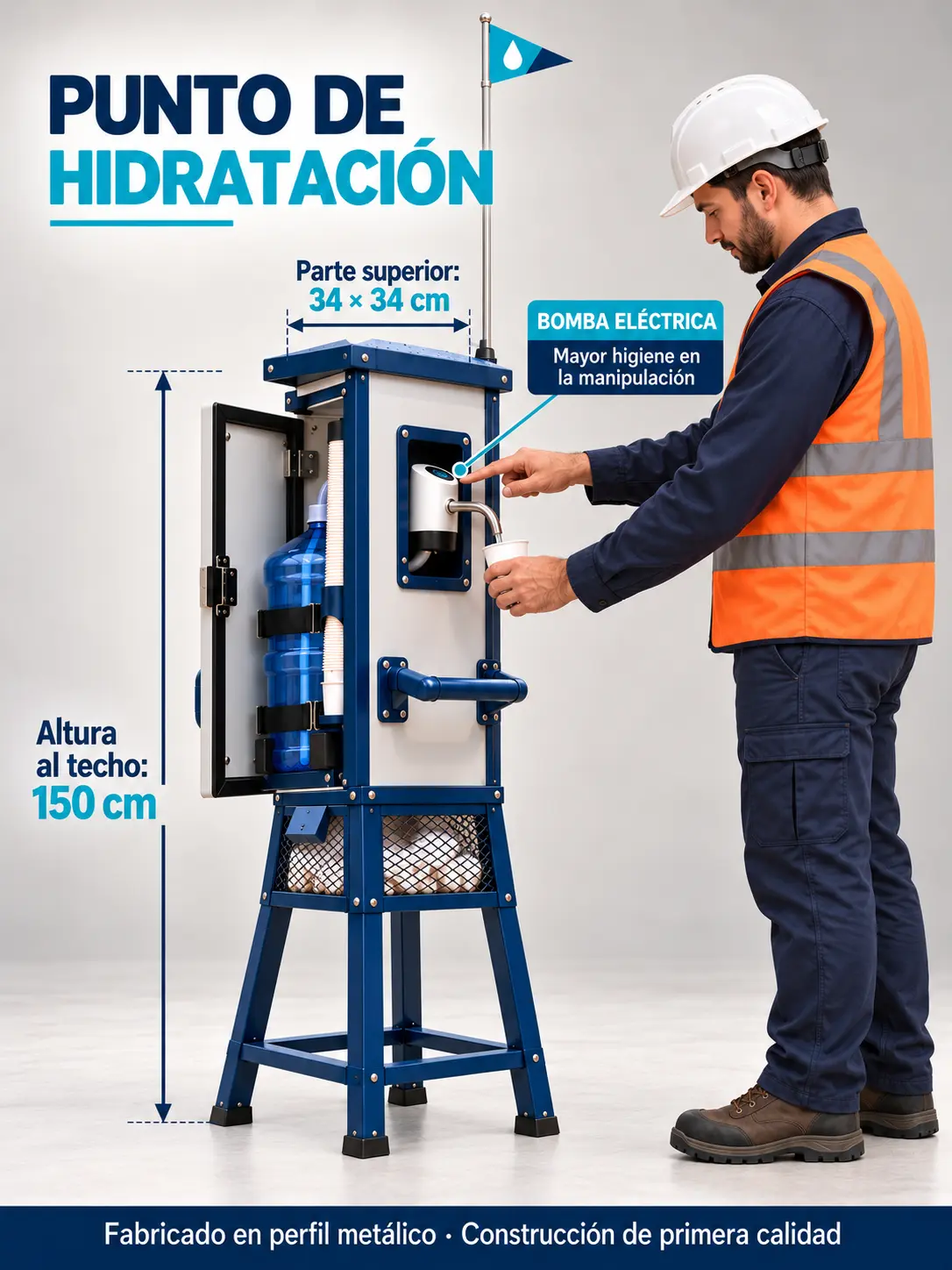 Punto de hidratación móvil para obras con bomba eléctrica y depósito integrado